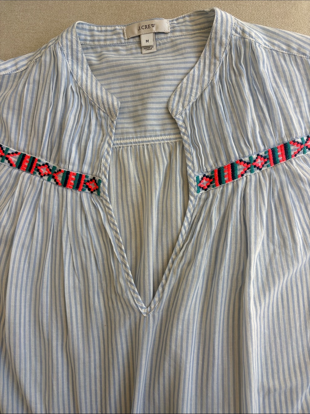 J. Crew Light Blue Striped Tunic with Pink & Green Embroidered Trim